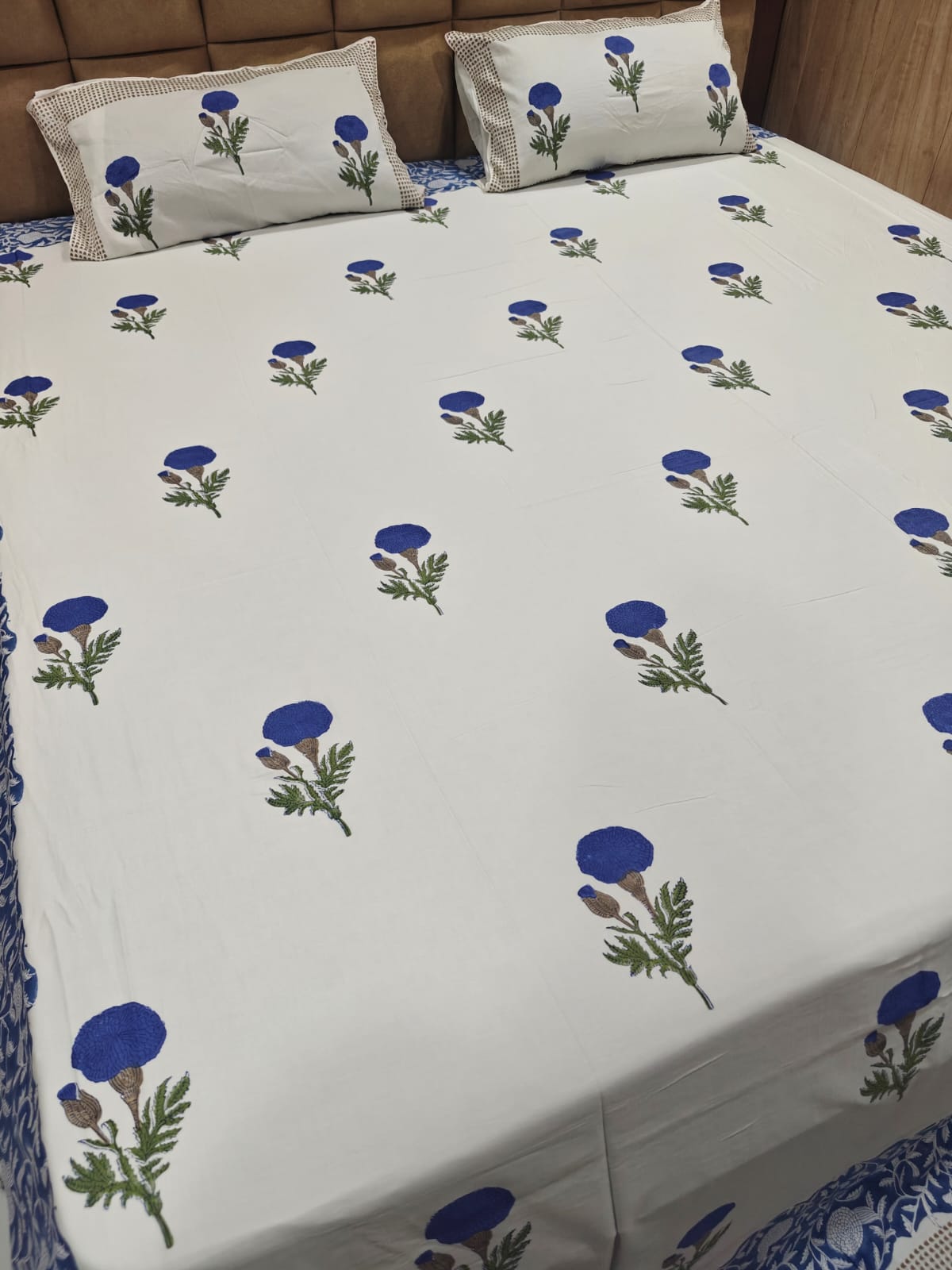 Super Premium Handblock Percale Cotton Super King Bedsheet Set - Neel Gul