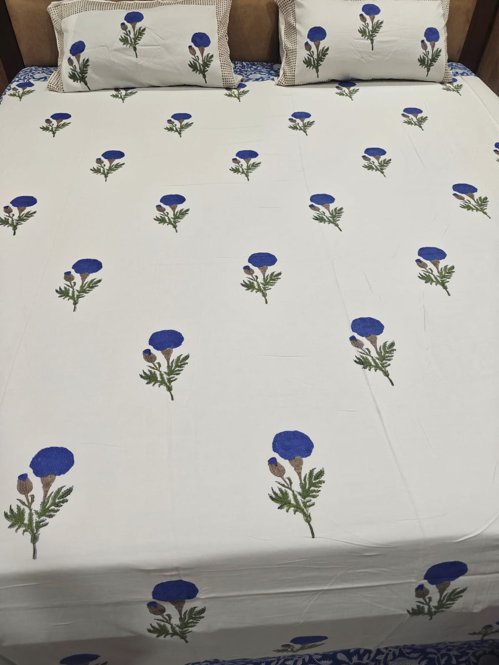 Super Premium Handblock Percale Cotton Super King Bedsheet Set - Neel Gul