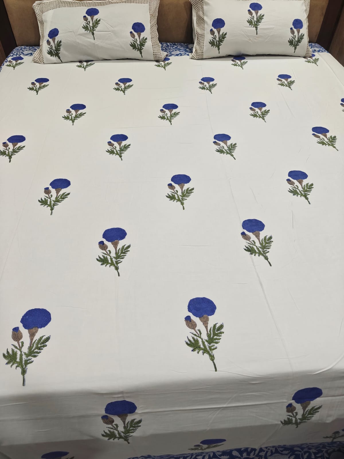 Super Premium Handblock Percale Cotton Super King Bedsheet Set - Neel Gul
