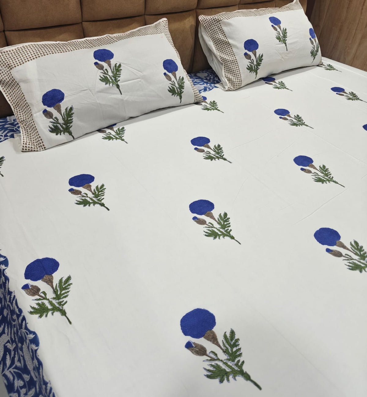 Super Premium Handblock Percale Cotton Super King Bedsheet Set - Neel Gul