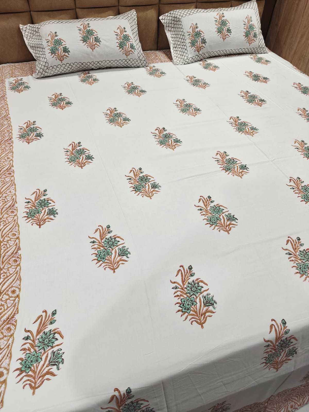 Super Premium Handblock Percale Cotton Super King Bedsheet Set - Firoza Mehak