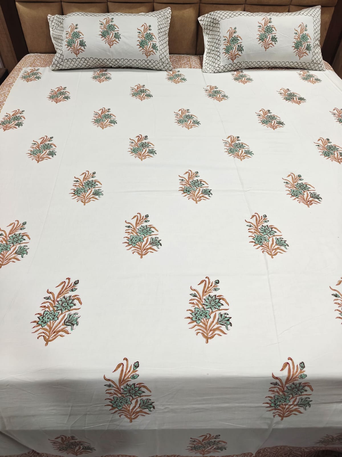 Super Premium Handblock Percale Cotton Super King Bedsheet Set - Firoza Mehak