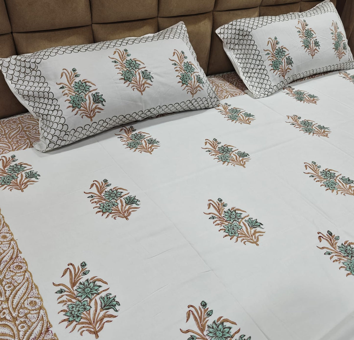 Super Premium Handblock Percale Cotton Super King Bedsheet Set - Firoza Mehak