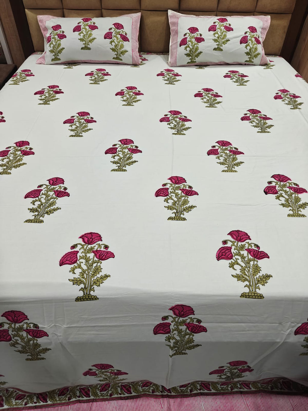 Super Premium Handblock Percale Cotton Super King Bedsheet Set - Mehrun Bagh