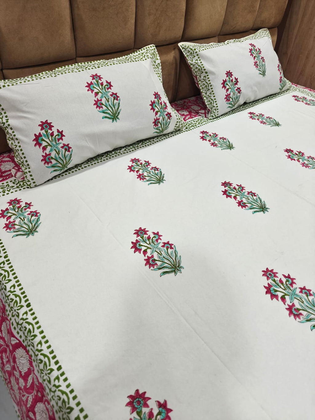 Handblock Printed 100% Cotton Super King Bedsheet Set - Meher Bagh