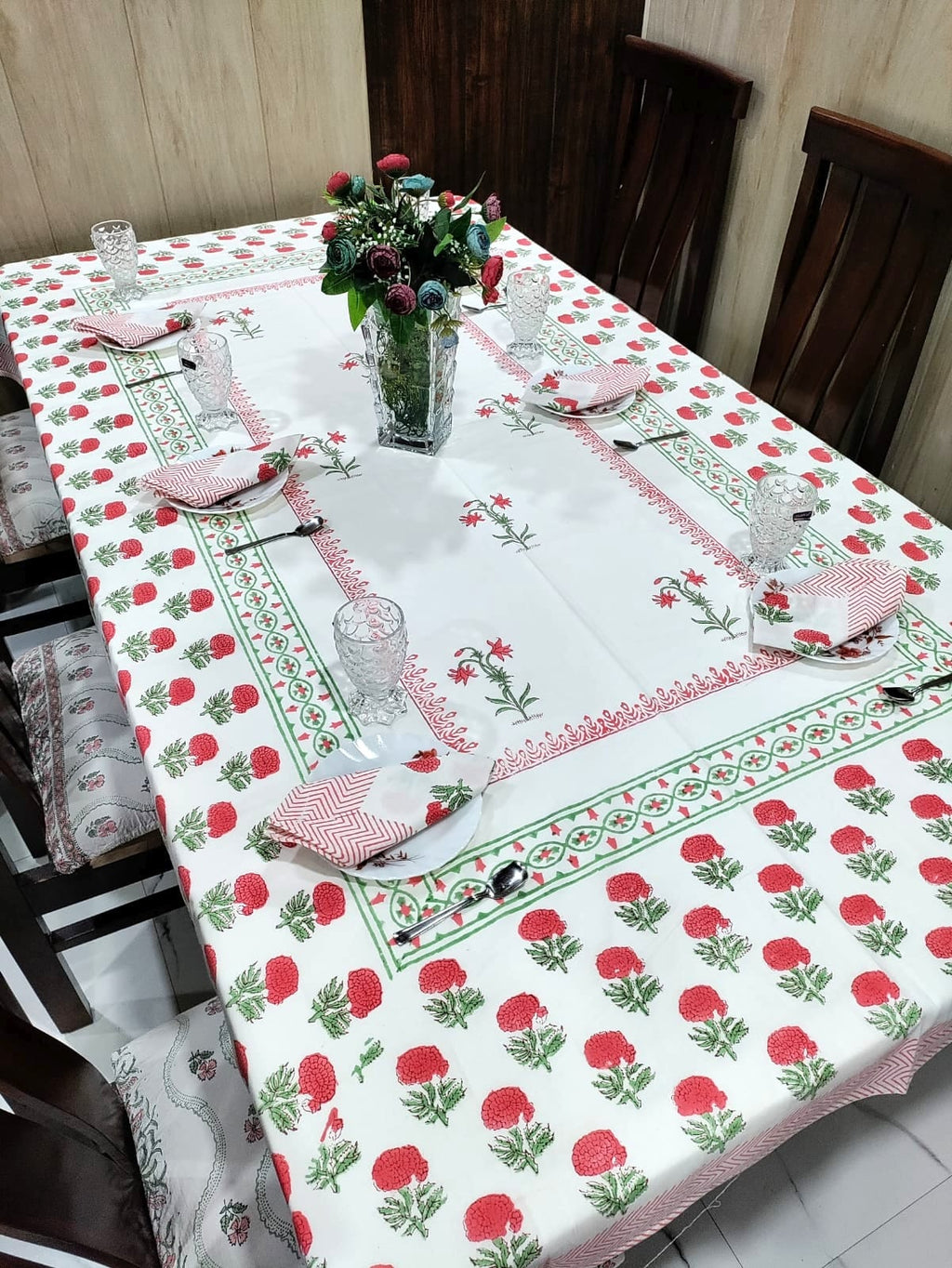 Handblock Printed Cotton Dining Table Cover & 6 Napkin Set - Gulnaar Leher