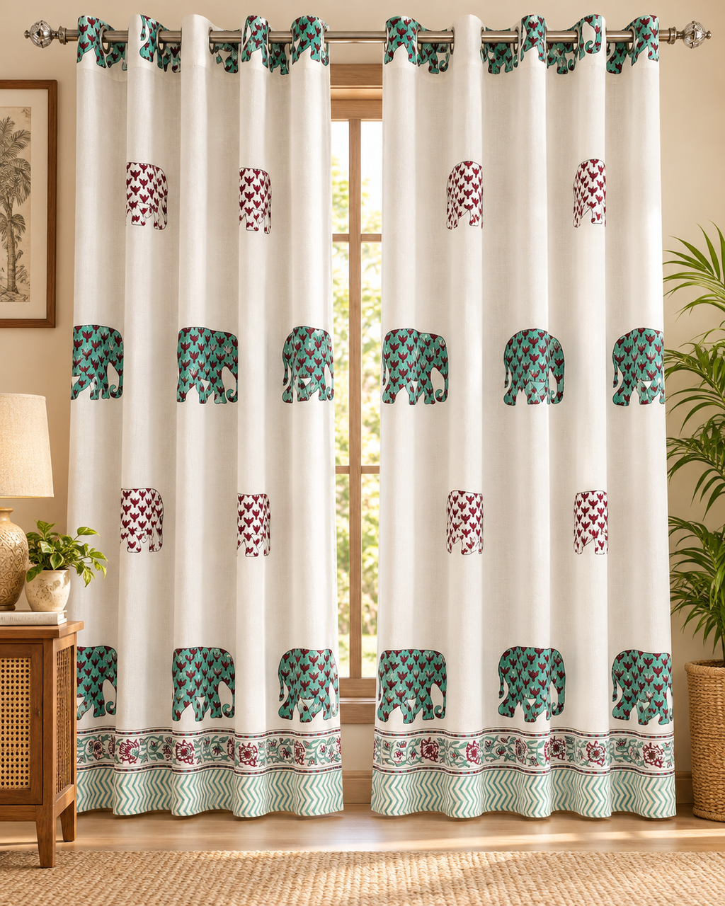 Handblock Printed Cotton Window Curtain - Firoza Hathi