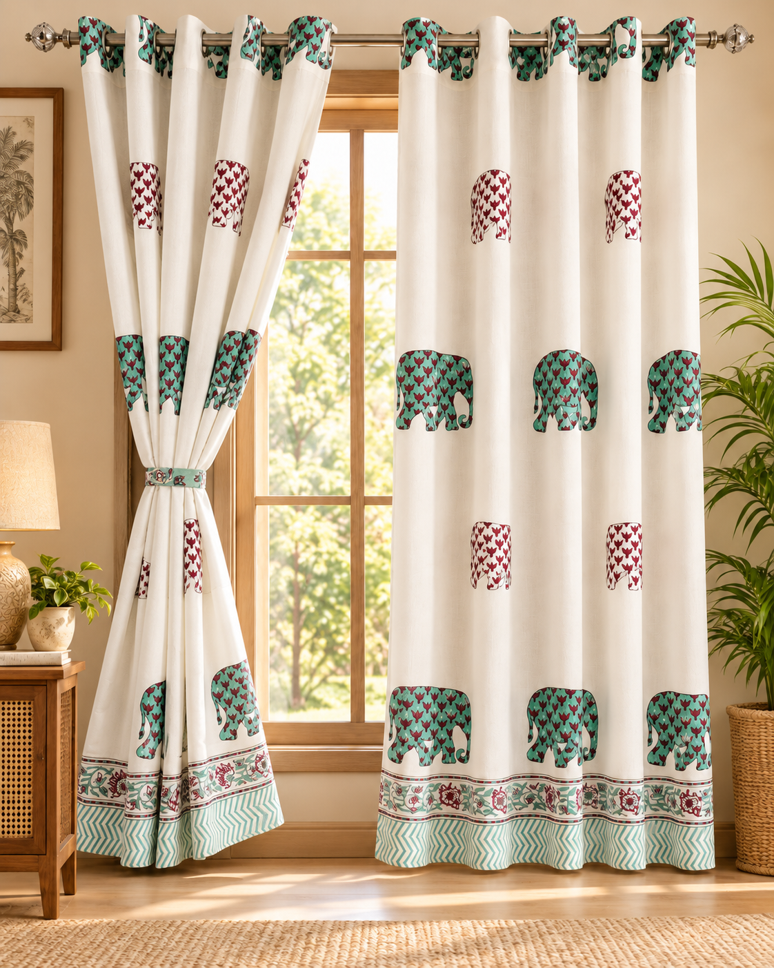 Handblock Printed Cotton Window Curtain - Firoza Hathi