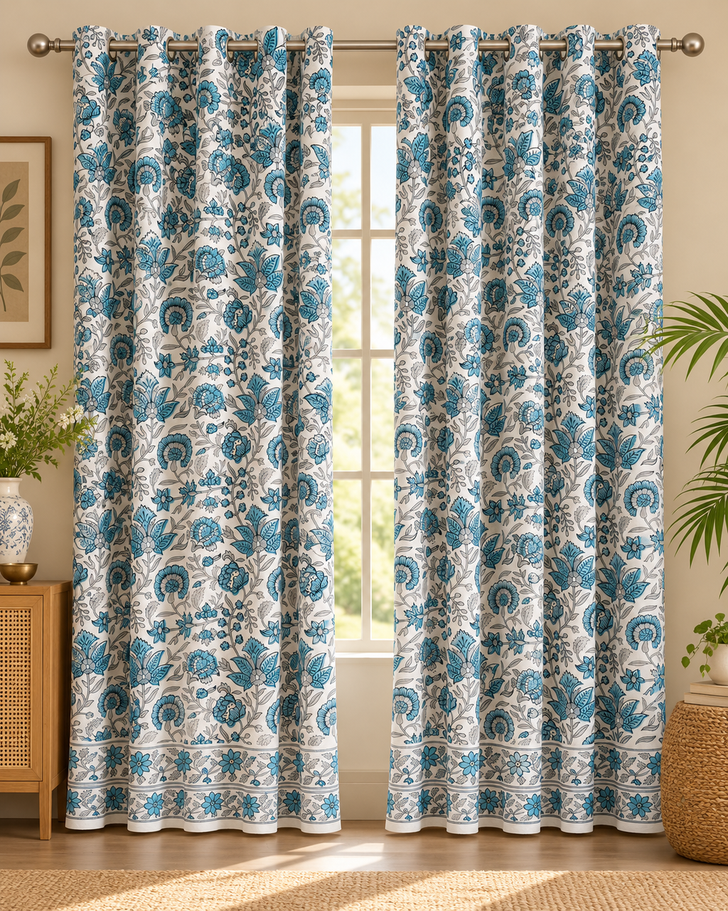 Handblock Printed Cotton Window Curtain - Neel Gulistan