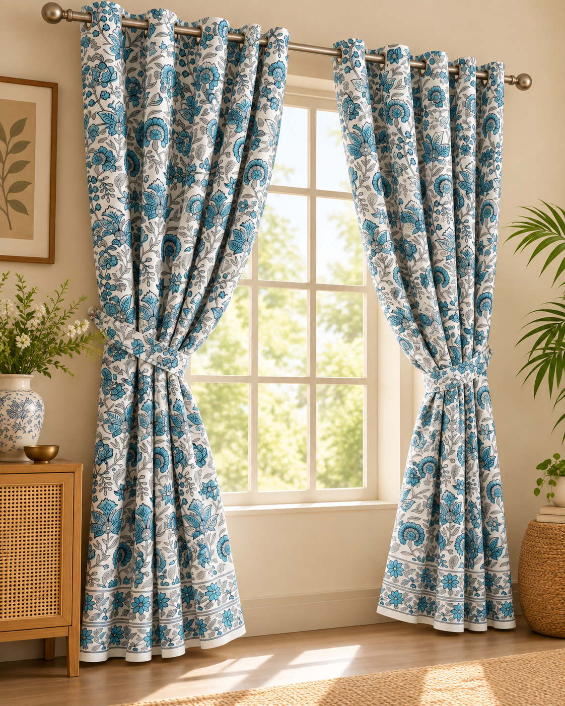 Handblock Printed Cotton Window Curtain - Neel Gulistan