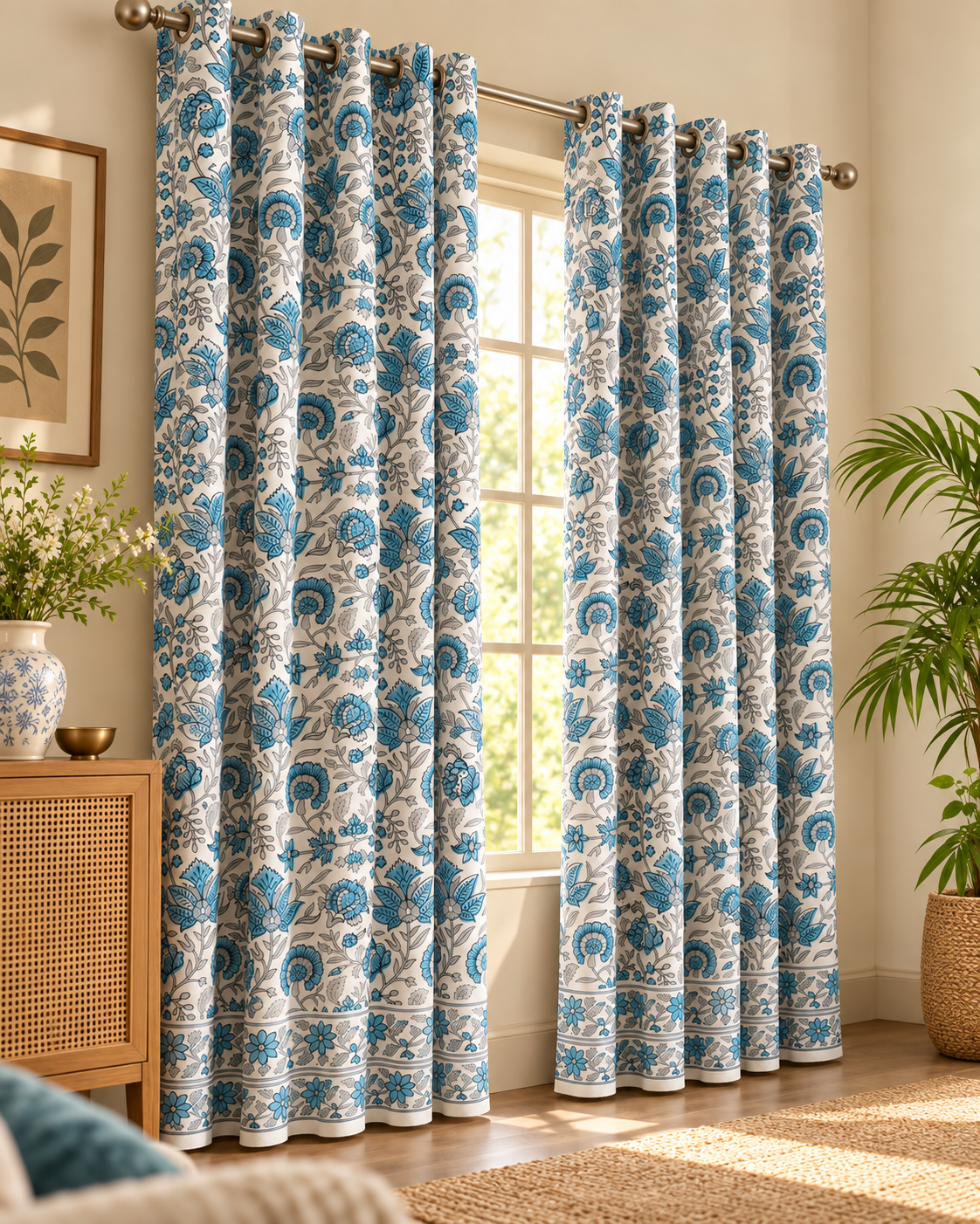 Handblock Printed Cotton Window Curtain - Neel Gulistan