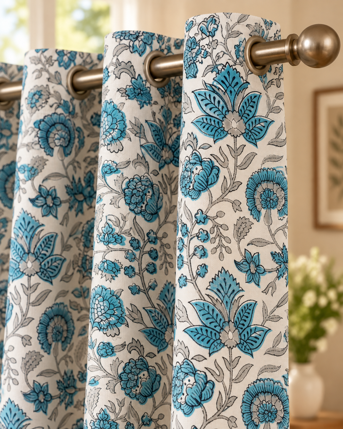 Handblock Printed Cotton Window Curtain - Neel Gulistan