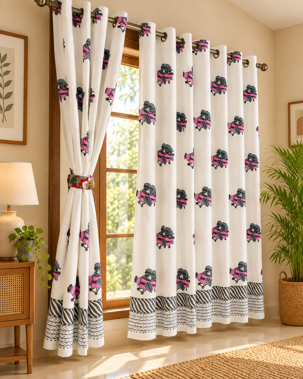 Handblock Printed Cotton Window Curtain - Gulabi Rail