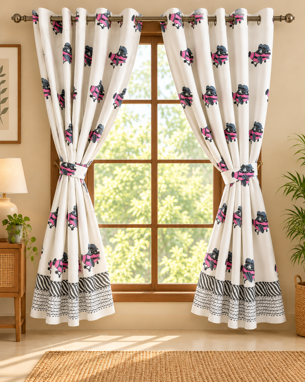 Handblock Printed Cotton Window Curtain - Gulabi Rail