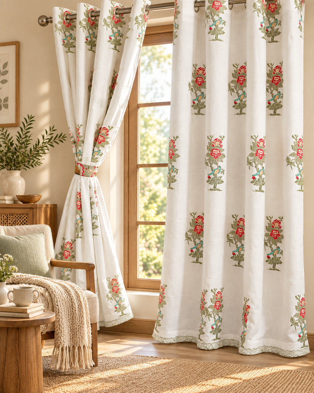 Handblock Printed Cotton Window Curtain - Phoolwari Mist
