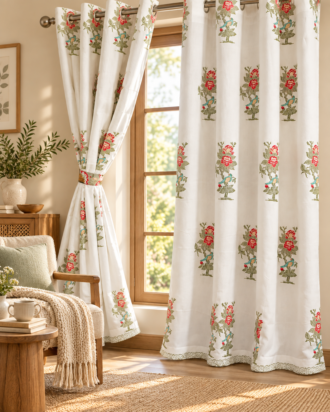 Handblock Printed Cotton Window Curtain - Phoolwari Mist