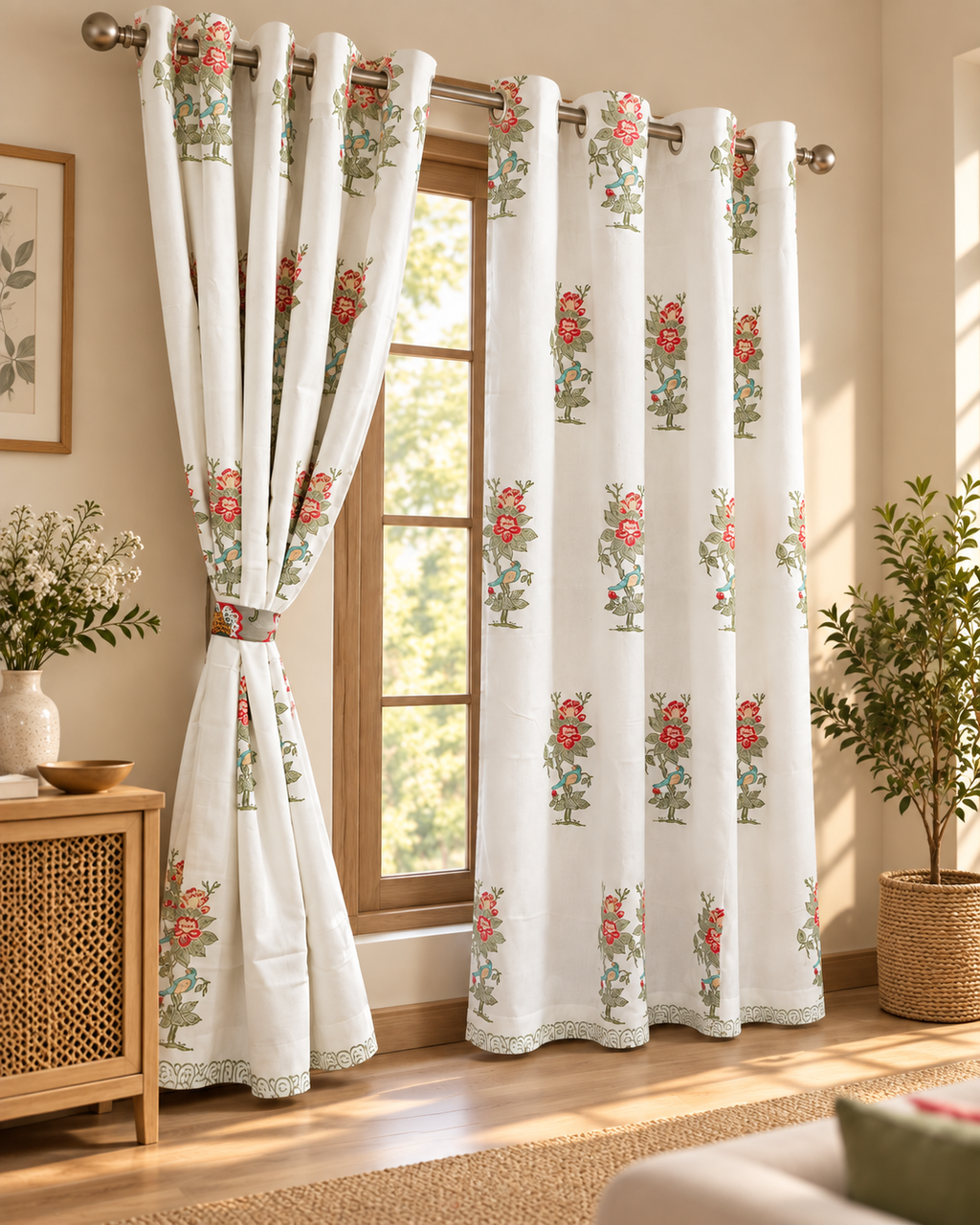 Handblock Printed Cotton Window Curtain - Phoolwari Mist