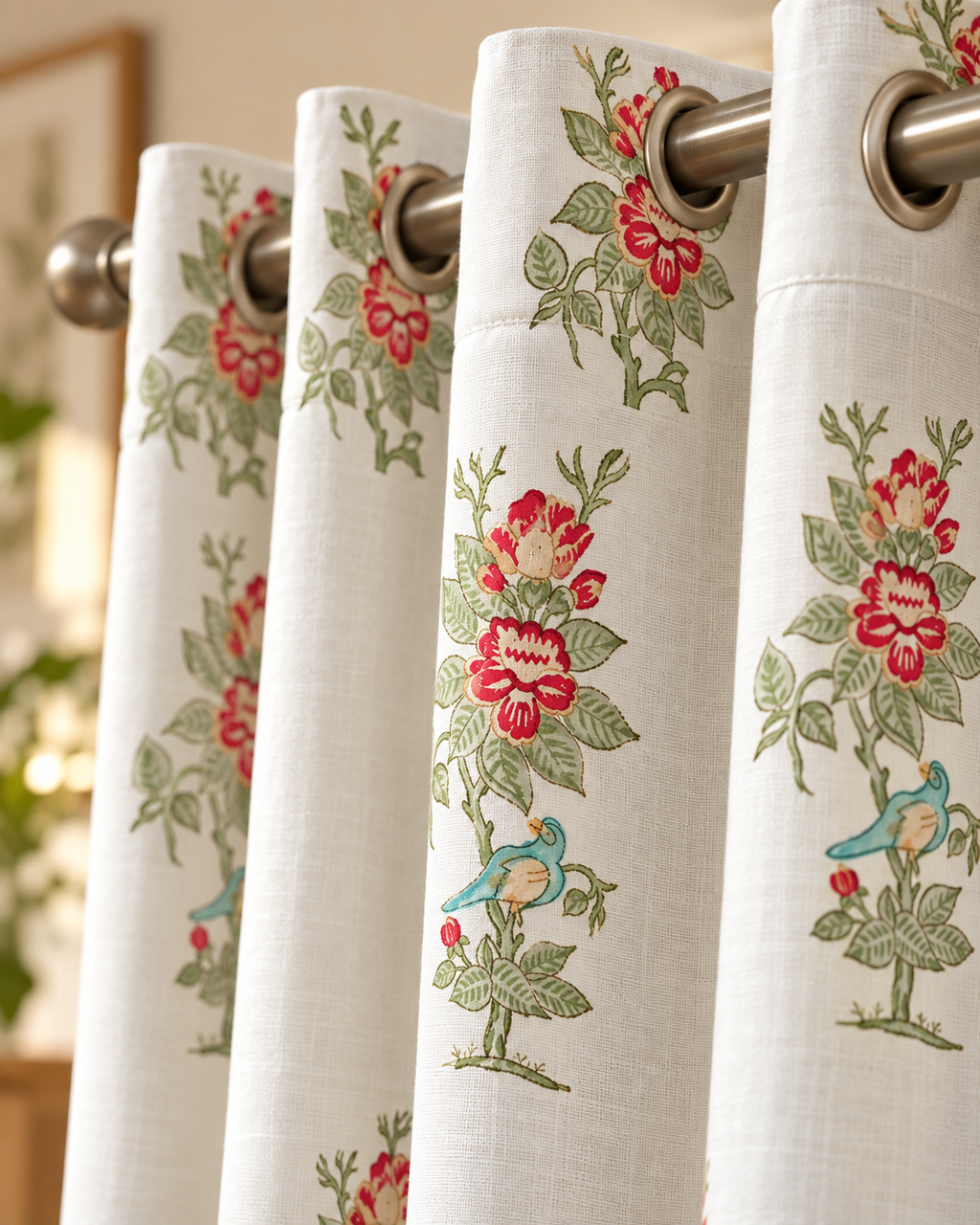 Handblock Printed Cotton Window Curtain - Phoolwari Mist