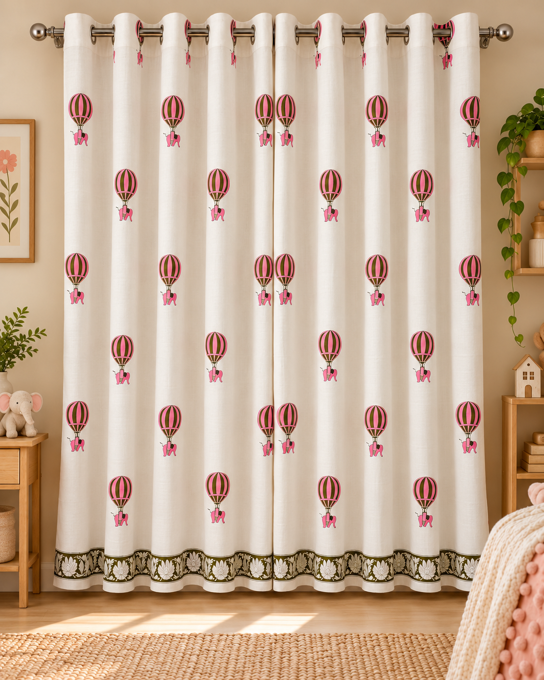 Handblock Printed Cotton Window Curtain - Gulaabi Udaan