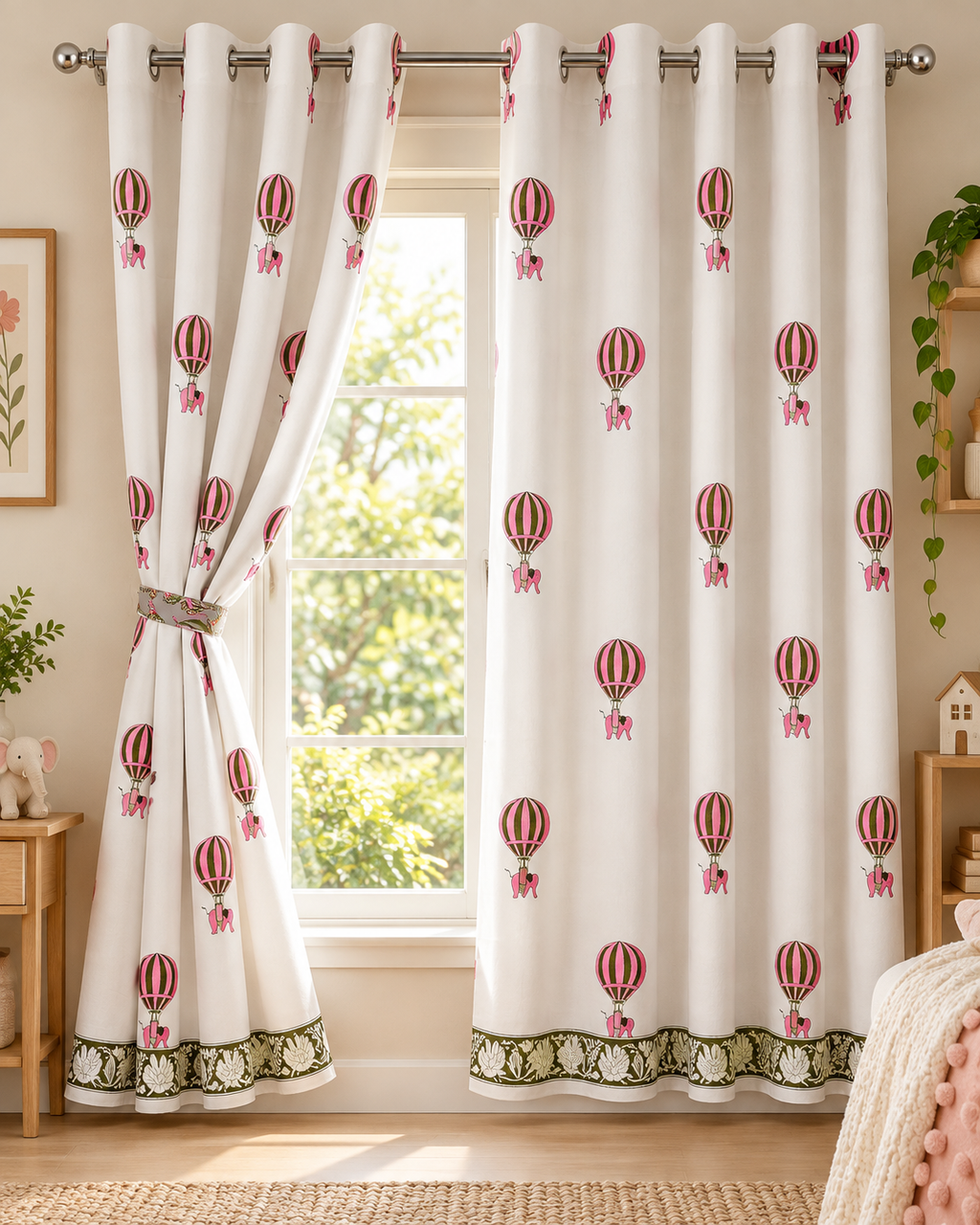 Handblock Printed Cotton Window Curtain - Gulaabi Udaan