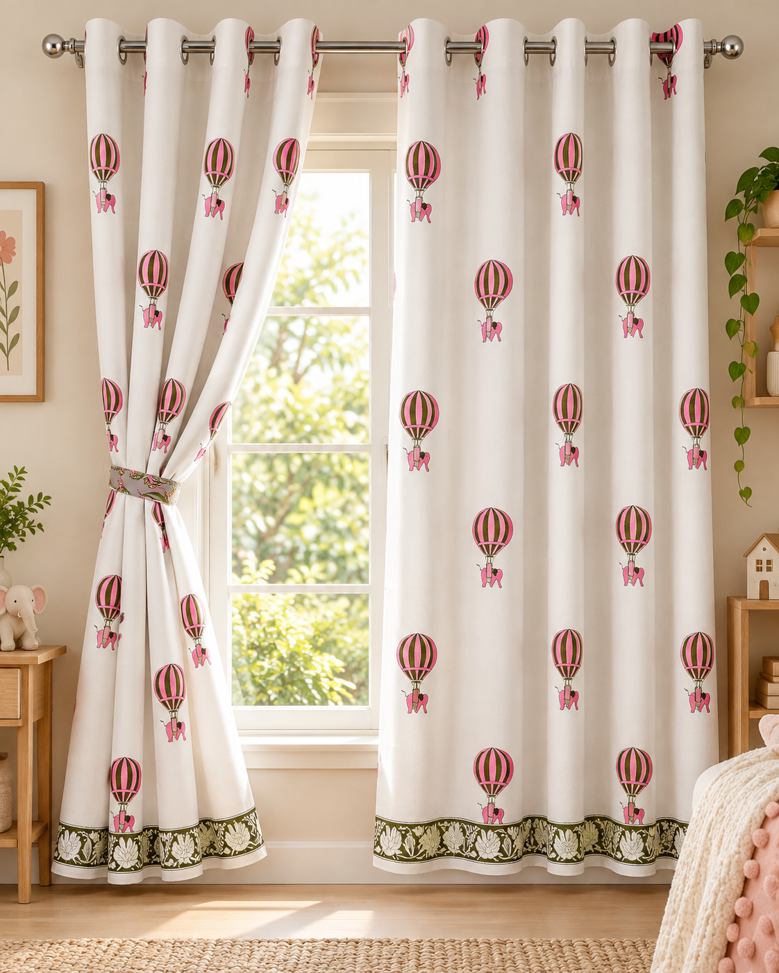 Handblock Printed Cotton Window Curtain - Gulaabi Udaan