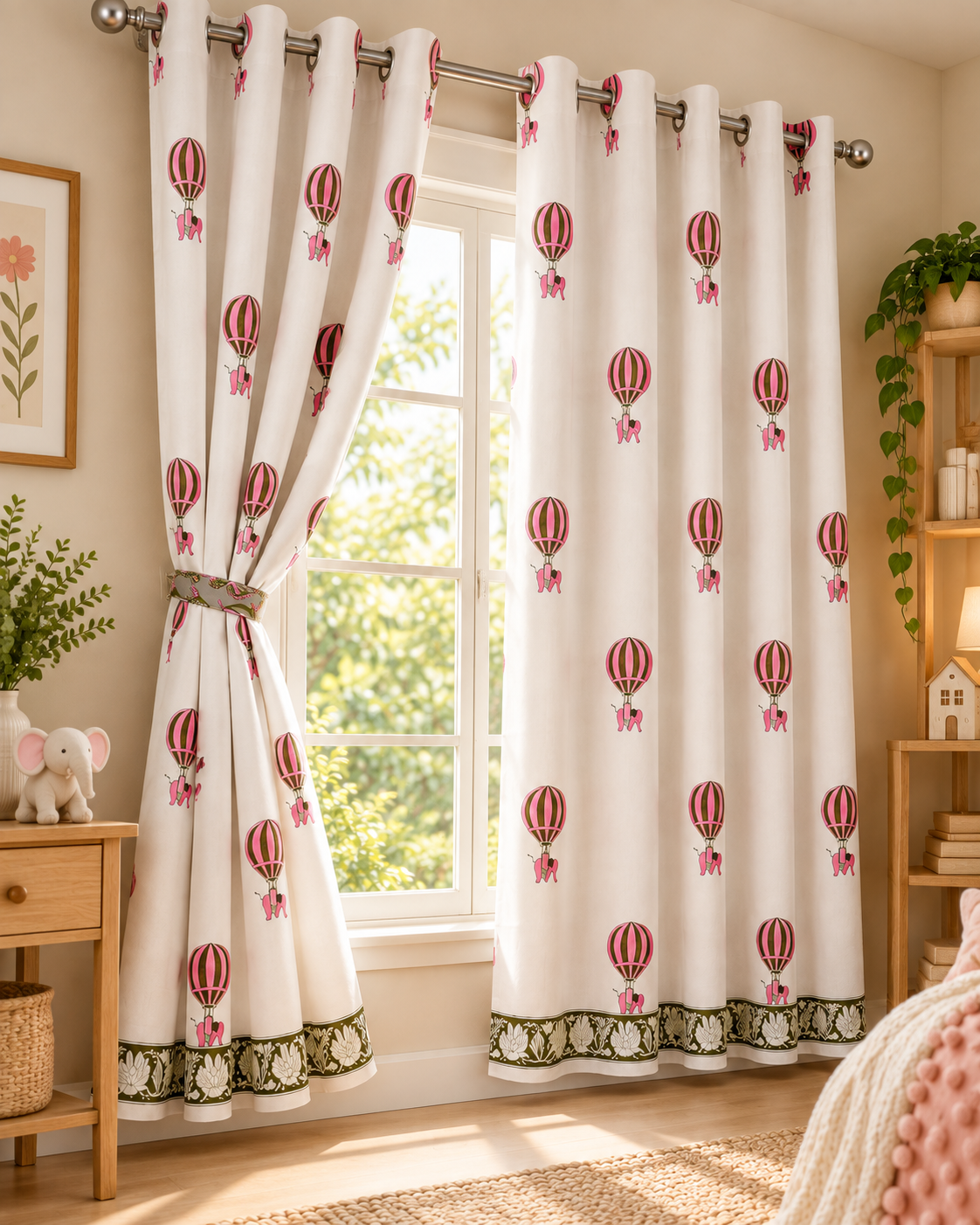 Handblock Printed Cotton Window Curtain - Gulaabi Udaan