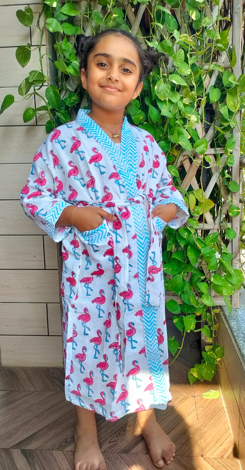 Kids Handblock Printed Waffle Cotton Bathrobe - Flamingo Fun
