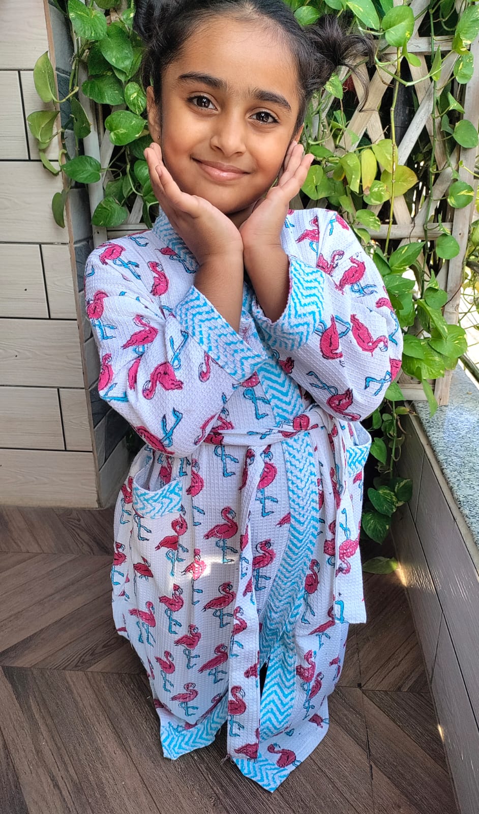 Kids Handblock Printed Waffle Cotton Bathrobe - Flamingo Fun
