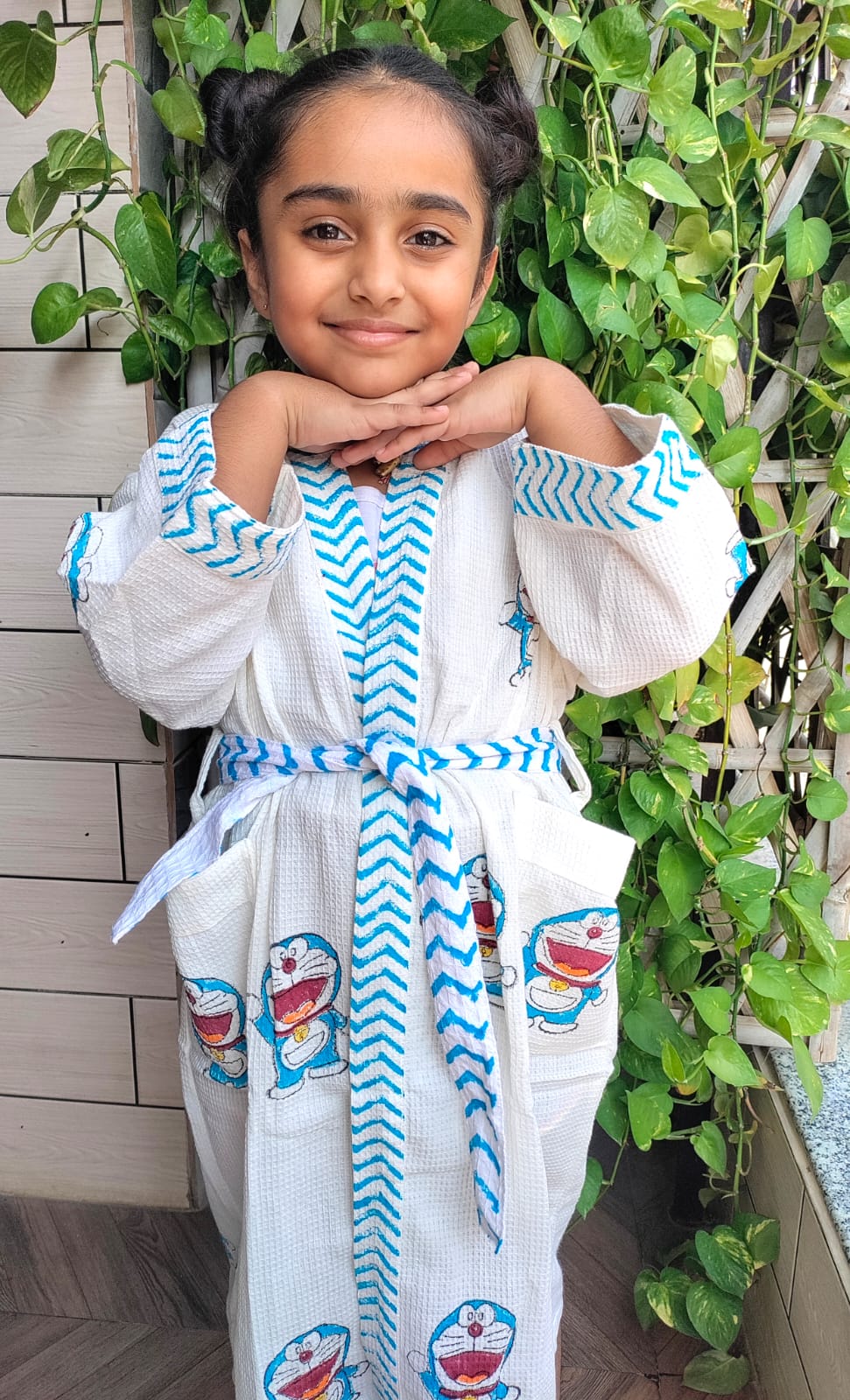 Kids Handblock Printed Waffle Cotton Bathrobe - Blue Buddy Bloom
