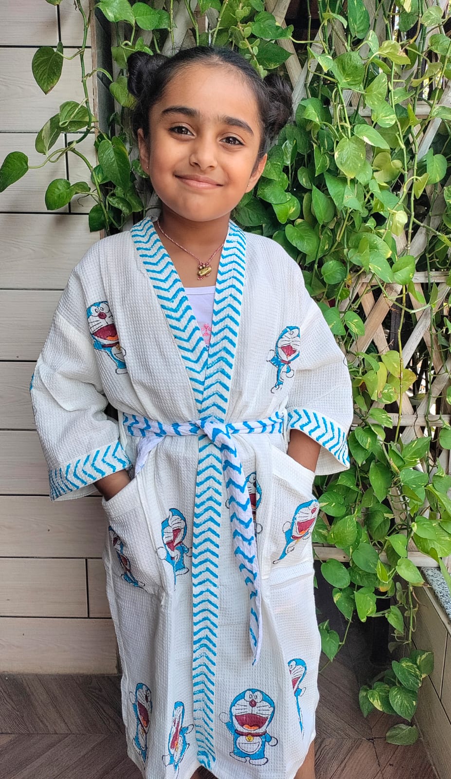 Kids Handblock Printed Waffle Cotton Bathrobe - Blue Buddy Bloom