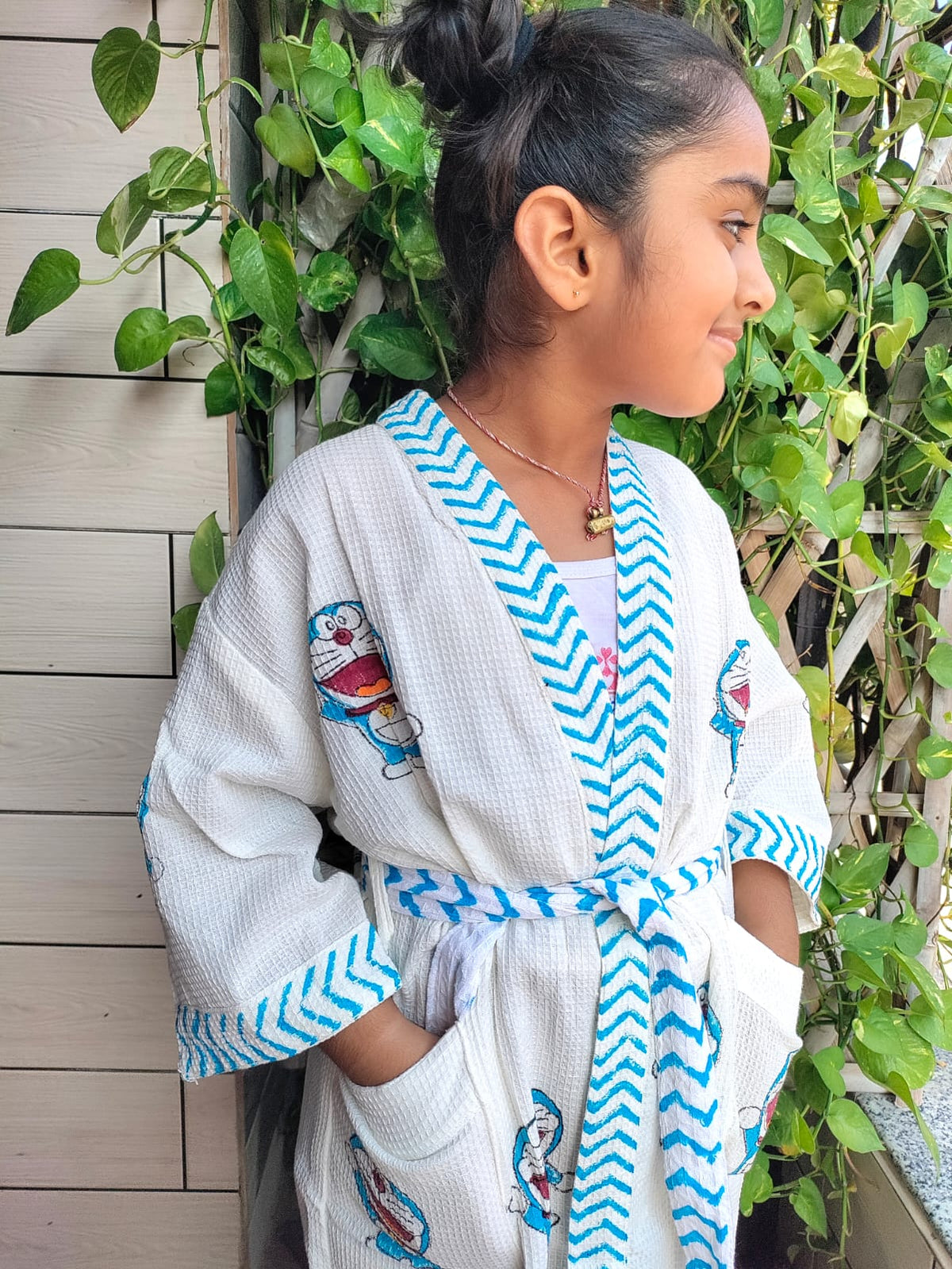Kids Handblock Printed Waffle Cotton Bathrobe - Blue Buddy Bloom