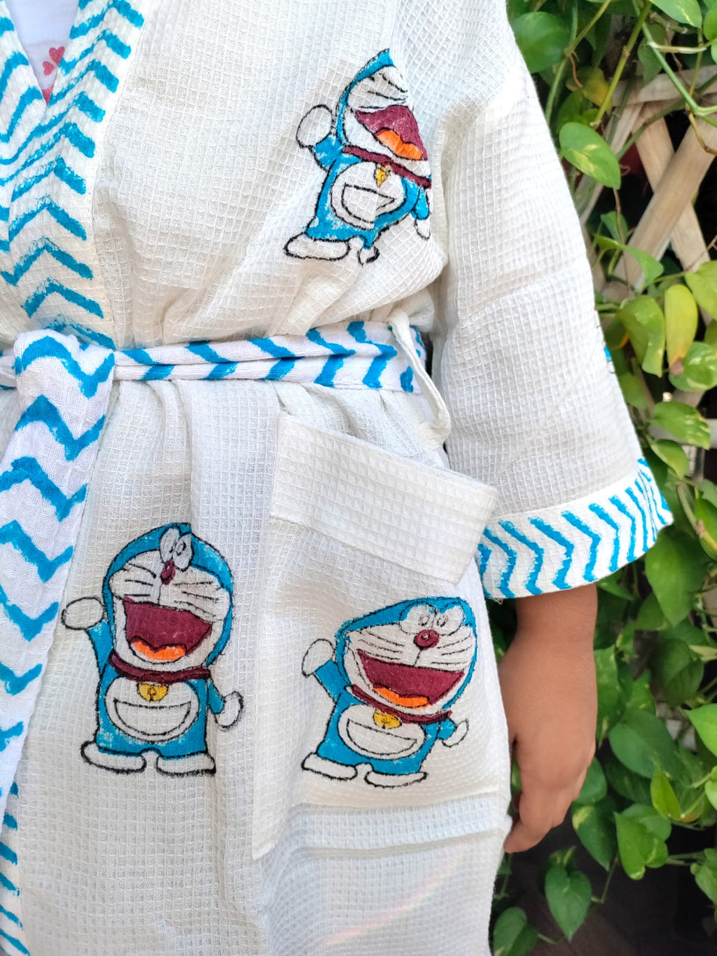 Kids Handblock Printed Waffle Cotton Bathrobe - Blue Buddy Bloom