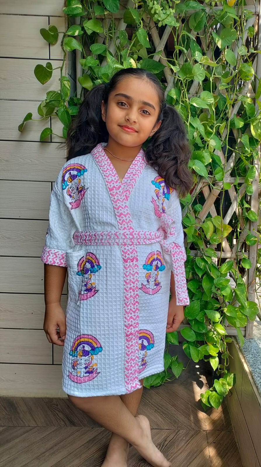 Kids Handblock Printed Waffle Cotton Bathrobe - Unicorn Wishes