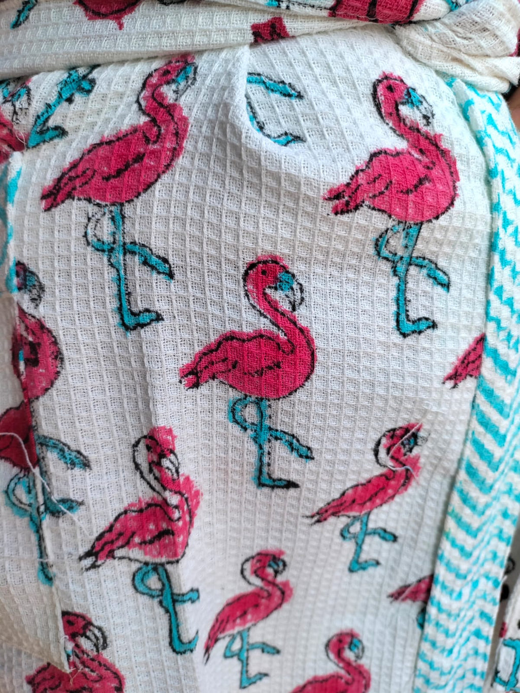 Kids Handblock Printed Waffle Cotton Bathrobe - Flamingo Fun