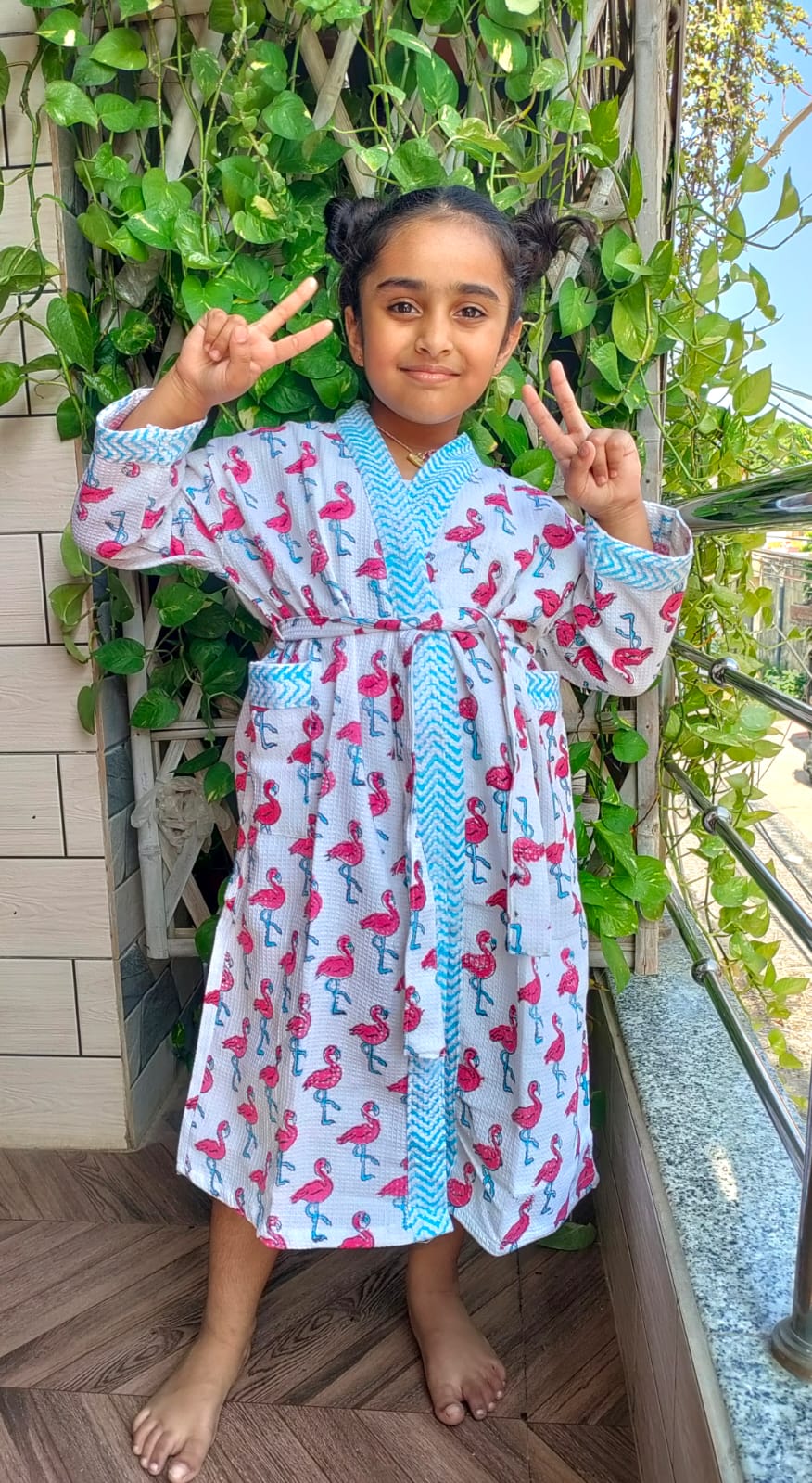 Kids Handblock Printed Waffle Cotton Bathrobe - Flamingo Fun
